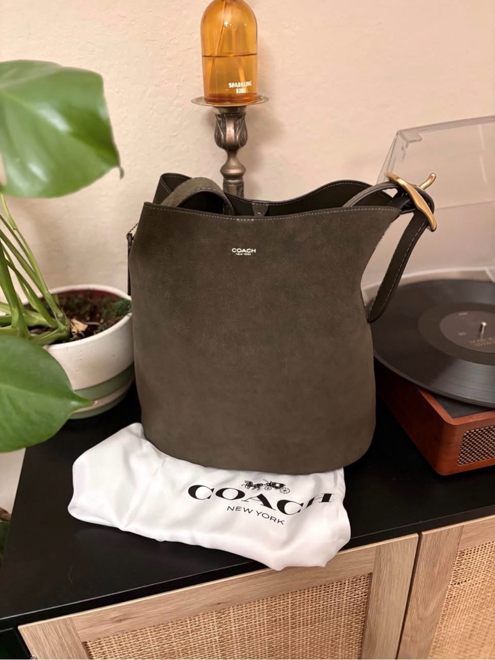 Coach Bleecker Suede Bucket Bag in Olive Green